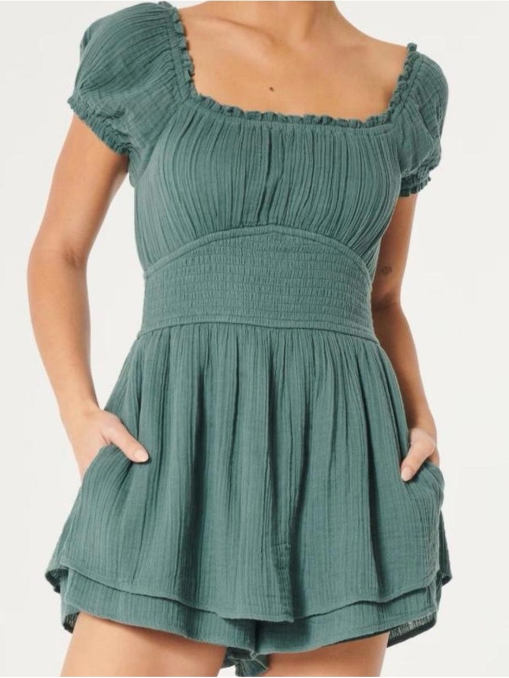 Hollister Teal Square-Neck Smocked Waist Mini Dress